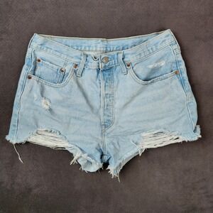 Levis 501 Denim Shorts Womens 32 Light Wash Distressed Frayed Hem Cutoffs Button